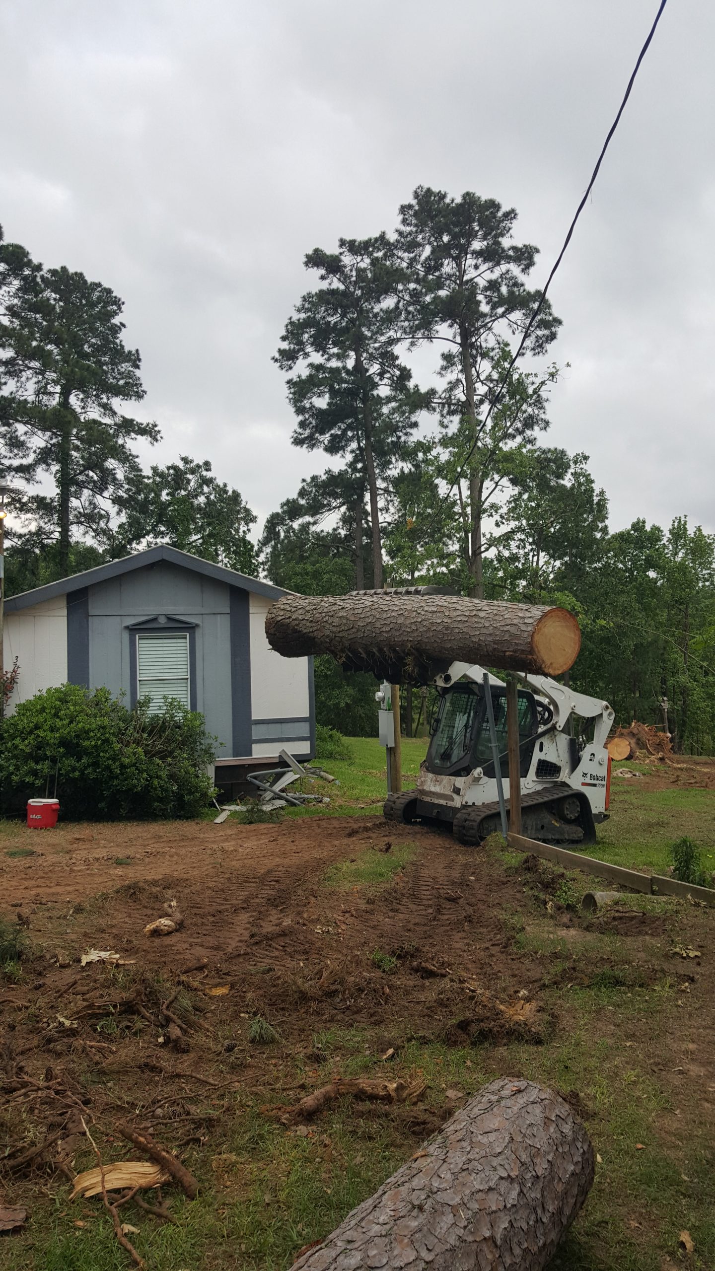 A skid steer loader lifts a large tree trunk near a house, showcasing professional tree service in action.