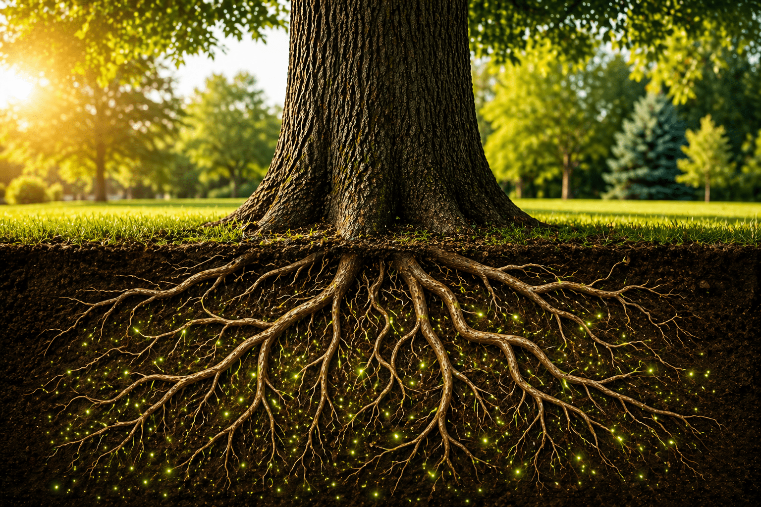 Deep roots of a tree in a lush landscape, illustrating the importance of deep root fertilization for tree health.