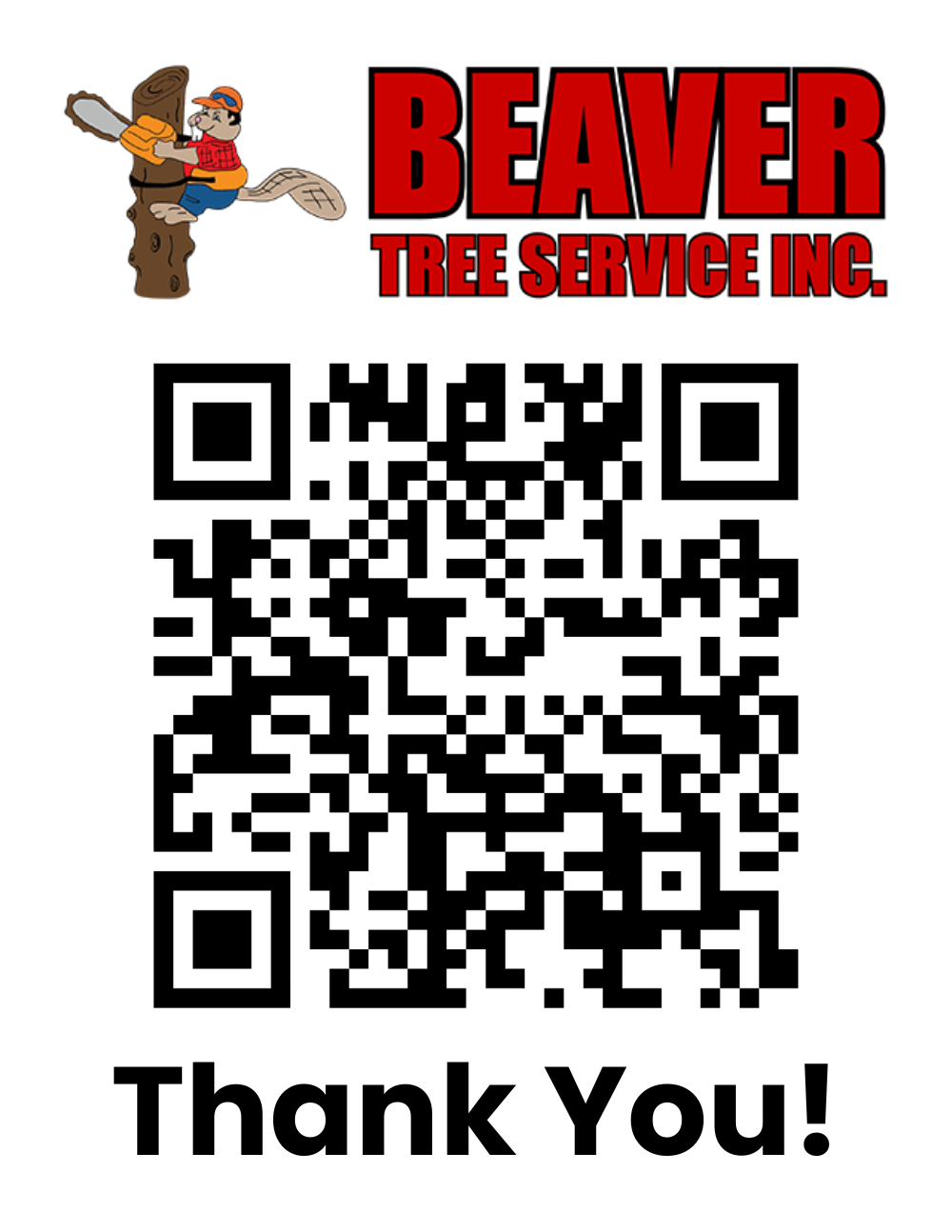 Beaver Tree Service Inc. logo with a QR code and "Thank You!" message encouraging customer reviews.